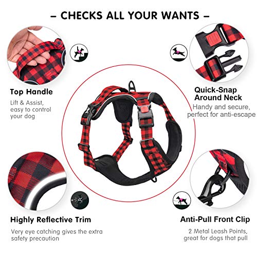 PoyPet No Pull Dog Harness, [Release at Neck] Reflective Adjustable No Choke Pet Vest with Front & Back 2 Leash Attachments, Soft Control Training Handle, Plaid(Checkered Red, XS) - color: Checkered Red, size: XS