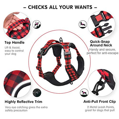 PoyPet No Pull Dog Harness, [Release at Neck] Reflective Adjustable No Choke Pet Vest with Front & Back 2 Leash Attachments, Soft Control Training Handle, Plaid(Checkered Red, XS) - color: Checkered Red, size: XS