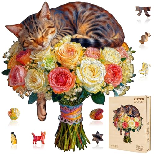 Cat Flower Bouquet Puzzles Adults Gifts Wooden 80 Pieces 8.5 * 7.6in - color: A Cat Flower Bouquet, size: Small