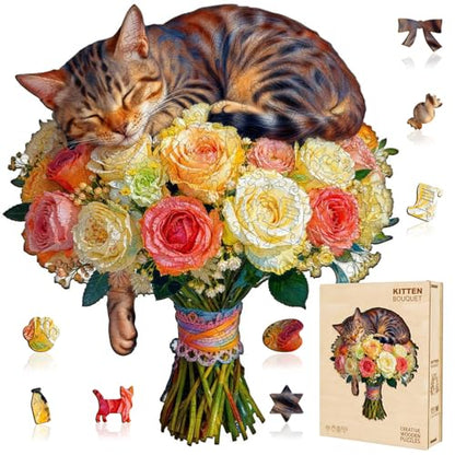 Cat Flower Bouquet Puzzles Adults Gifts Wooden 80 Pieces 8.5 * 7.6in - color: A Cat Flower Bouquet, size: Small