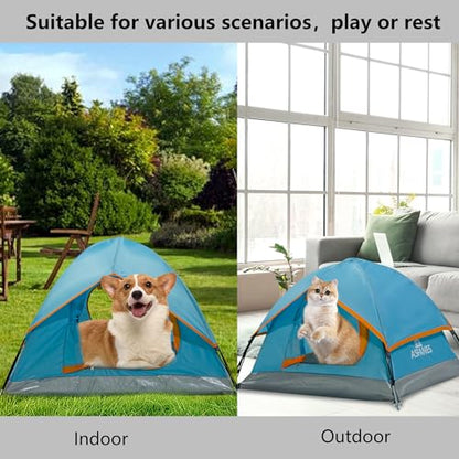 ASFANES Outdoor Waterproof Pet Camping Tent, Cave Bed for Indoor Cats and Small Dogs, Portable Cat House Dog House, 21.6x21.6x14.9'', Blue, S.(The Pole has Been Improved)