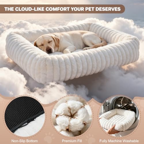 Dog Beds Large Sized Dog, Washable Self Warming Dog Cat Bed Rectangle Orthopedic Large Pet Sofa, Super Soft Plush Rabbit Fur Pet Couch Cute Cat Bed with Removable Zipper Cover & Anti-Slip Bottom - size: 36*8*8 inches