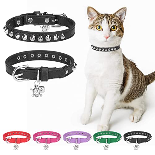 Leather Cat Collars for Boy Girl Cats with Bell and Safety Elastic Belt, Personalized Rivets Stud Adjustable Safe Buckle Collar with Skull Charm for Kitty Small Pets, Black 7"-9" - color: Black_Studded, size: 7"-9" For Cats(Pack of 1)