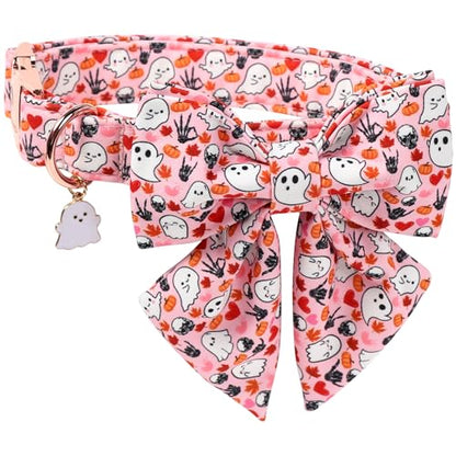DOGWONG Cotton Fall Dog Collar, Pink Halloween Dog Collar with Bow Cute Pink Pumpkin Girl Dog Collars Puppy Necklace for Female Small Medium Large Dogs - color: ghost Pumpkin, size: XS