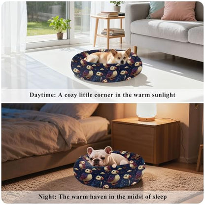 Pet Bed Puffins Blue Purple Print, 18" Small Dog Cuddler with Anti-Slip Bottom, Cute Pattern Round Sofa for Indoor Puppies & Kittens, All-Season Comfort - size: Small