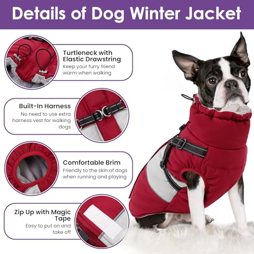 Small Dog Coat with Harness Built in, Warm Dog Jacket Winter with Zipper On Back, Waterproof Pet Snow Jacket Snowsuit Pet Sweater Clothes for Puppy, Burgundy XS - color: Burgundy, size: X-Small