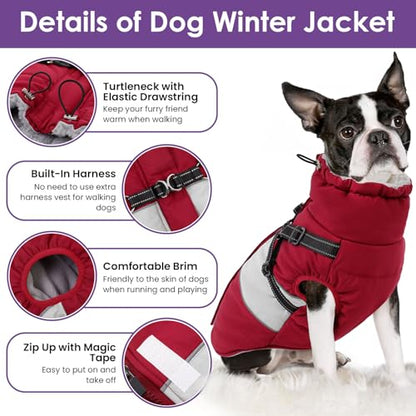 Small Dog Coat with Harness Built in, Warm Dog Jacket Winter with Zipper On Back, Waterproof Pet Snow Jacket Snowsuit Pet Sweater Clothes for Puppy, Burgundy XS - color: Burgundy, size: X-Small