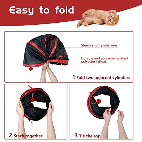 Sheldamy Cat Tunnel, 2-Way Collapsible Play Tunnel, Interactive Toy Maze for Small Animals, Red & Black - color: 2 Way Red & Black