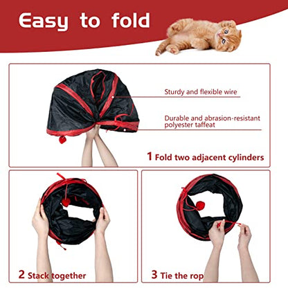 Sheldamy Cat Tunnel, 2-Way Collapsible Play Tunnel, Interactive Toy Maze for Small Animals, Red & Black - color: 2 Way Red & Black