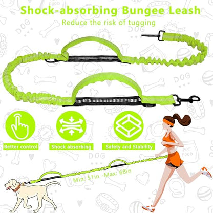 Hands Free Dog Leash with Zipper Pouch, Running Waist Leash for Dog Walking, Adjustable Waist Belt for Large Dogs, Reflective Bungee Design with Two Handle for Hiking, Training, Neon Green - color: Neon Green