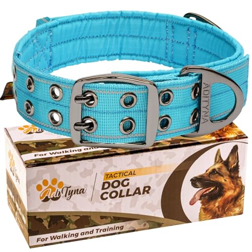 ADITYNA Heavy Duty Dog Collar for Medium Dogs - Reflective Blue Collar with Handle for Training, and Walking - Wide, Thick, Tactical, Soft Neoprene Padded - color: Blue, size: Medium: Fit 15-19" Neck