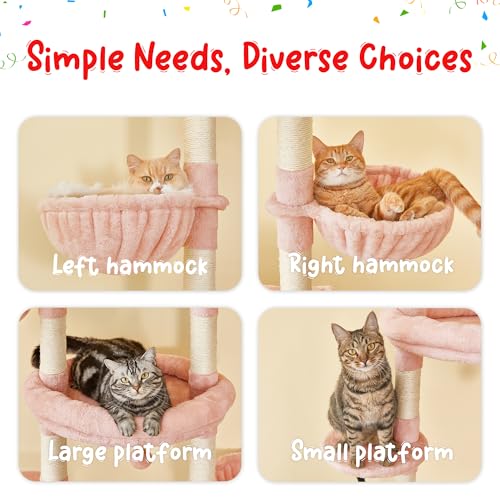 Pink Cat Tree, Floor to Ceiling Cat Tower Adjustable Height [92.9-102.4 in=235-258cm], 7 Tiers Cat Climbing Play House with Scratching Post, Cozy Condo & Hammocks for Indoor Cats - color: Pink