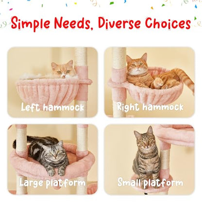 Pink Cat Tree, Floor to Ceiling Cat Tower Adjustable Height [92.9-102.4 in=235-258cm], 7 Tiers Cat Climbing Play House with Scratching Post, Cozy Condo & Hammocks for Indoor Cats - color: Pink