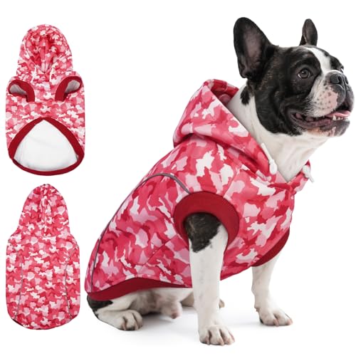 IECOii Camo Dog Hoodie Fleece Lined Dog Sweatshirt Pullover with Leash Hole and Reflective Stripes, Windproof Warm Hoodie for Small Dogs Girl Boy, Fall Winter Outdoor Pet Hoodies, Pink Camo, M - color: Pink, size: Medium