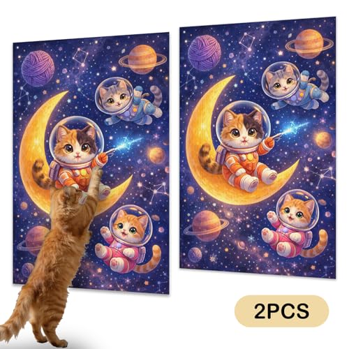 Cat Scratching Mat 15.3x23.6 Inches Polyester Synthetic Fiber, Astronaut Kittens on Moon Print, wall cat Scratcher, Scratch pad, Home Decor, Kids Room, Play Area (2pcs) - color: VE08110-2pcs