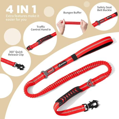 Heavy Duty Tactical Dog Leash, 4-6FT Shock Absorbing Bungee Lead with 2 Padded Handles, Metal Carabiner & Seatbelt Clip, Reflective No-Pull Leash for Medium/Large Dogs (Red) - color: Red