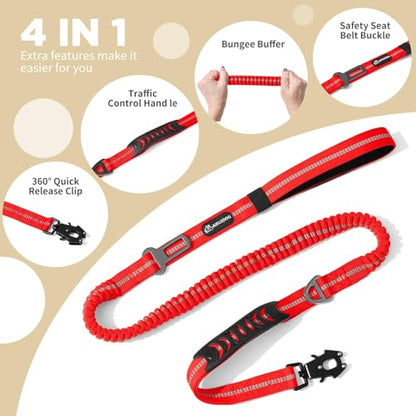 Heavy Duty Tactical Dog Leash, 4-6FT Shock Absorbing Bungee Lead with 2 Padded Handles, Metal Carabiner & Seatbelt Clip, Reflective No-Pull Leash for Medium/Large Dogs (Red) - color: Red