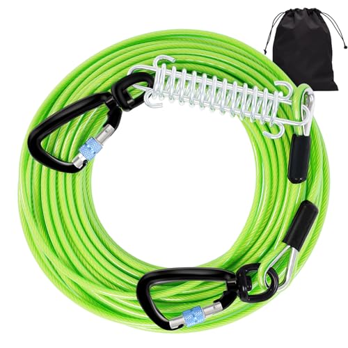 Dog Leads for Yard 50FT-1000LBS Break Strength,Heavy Duty Tie Out Cable for Dogs with Swivel Lockable Hook & Spring,Chew Proof Dog Chain for Outside,Dog Run Cable for Medium Large Dogs - color: Green, size: 50FT