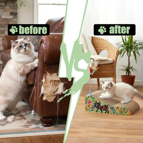 WUWEOT 2 in 1 Cat Scratching Board, Removable Cardboard Scratching Pad, Large Cat Lounge Sofa with Detachable Toy for Indoor Cats to Rest, Grind Claws and Play