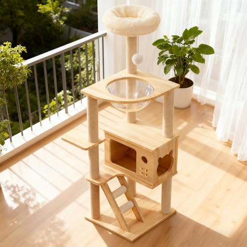 Modern Wooden Cat Tree Tower, 48.8 Inch, with Sisal Scratching Posts, Acrylic Hammock, Condo House and Ladder, for Indoor Cats