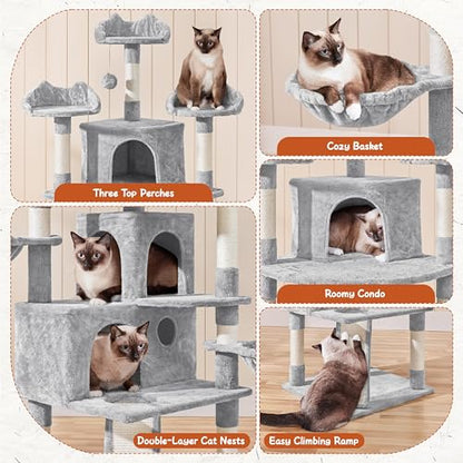 Yaheetech 76.5in Multi-Level Large Cat Tree, Big Cat Tower with 3 Condos, Cozy Plush Perches, 9 Sisal Scratching Posts and Ladder, Activity Center for Large Kitties, Light Gray - color: Light Gray