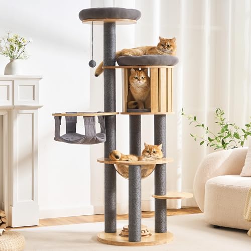 HITTITE Solid Wood Cat Tree Tower with Scratching Post, 61 Inches Tall Cat Towers with Capsule and Condo, Modern Cat Tower with Hammock and Removable Top Bed for Indoor Cats.Grey - color: Grey-V, size: 61in