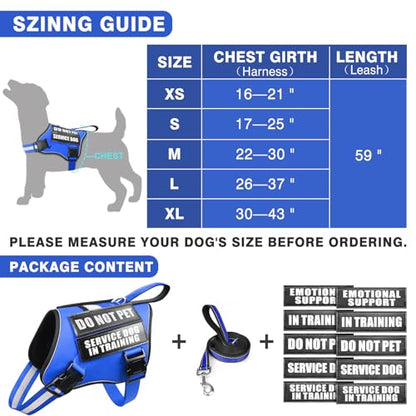 Service Dog Vest Harness and Leash Set+10 Patches,No Pull&Easy Walk Reflective Dog Harness with Soft Padded Handle for Training/Everyday,Fit Small/Medium/Large/Extra-Large Dogs (Blue S) - color: Blue, size: Small