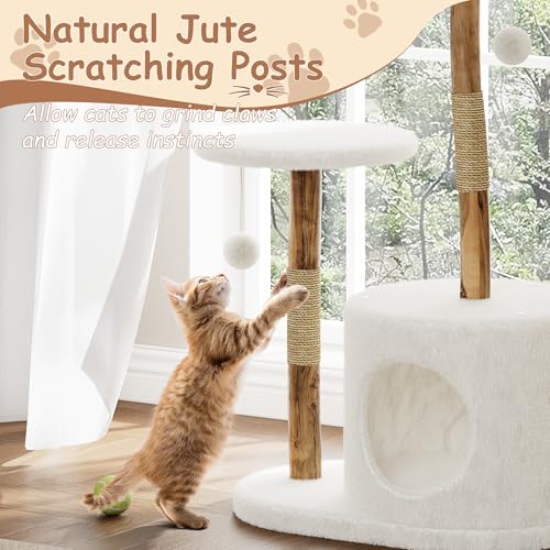 Modern Cat Tree, Solid Wood Cat Tree Tower with Hand-Woven Basket Cat Condo, Natural Jute Scratching Posts Modern Cat Tower with Plush Perches & Dangling Balls, Cat Trees for Kittens & Adult Cats - size: One Branch