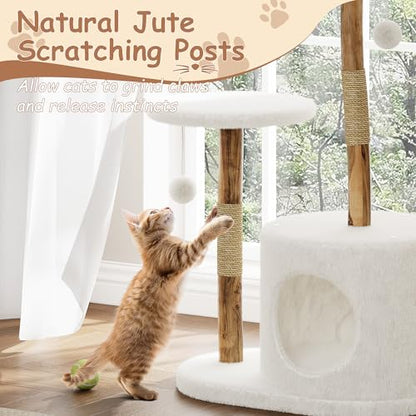 Modern Cat Tree, Solid Wood Cat Tree Tower with Hand-Woven Basket Cat Condo, Natural Jute Scratching Posts Modern Cat Tower with Plush Perches & Dangling Balls, Cat Trees for Kittens & Adult Cats - size: One Branch