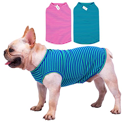 Dog Shirts Cotton Striped T-Shirts, Breathable Basic Vest for Puppy and Cat, Super Soft Stretchable Doggy Tee Tank Top Sleeveless, Fashion & Cute Color for Boys and Girls (XS, Pink+Green) - color: Pink+Green, size: XS