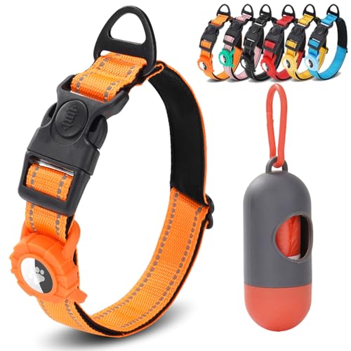 JSXD AirTag Dog Collar, Night Reflective Nylon Dog Collar for Small Medium Large Dogs,Lockable Quick Release Buckle,Padded Breathable Pet Collar with AirTag Holder (Orange, Medium) - color: Orange, size: Medium(13.8"-21.6")