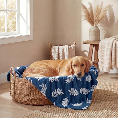 Horaldaily Pets Flannel Blanket, Navy Blue Leaves 3D Textured Soft Fuzzy Fluffy Plush Cozy Fleece Premium Blankets for Dog Cat Puppy Kitten Couch Protection, 30x40 - color: Navy Blue, size: 30''x40'',Large