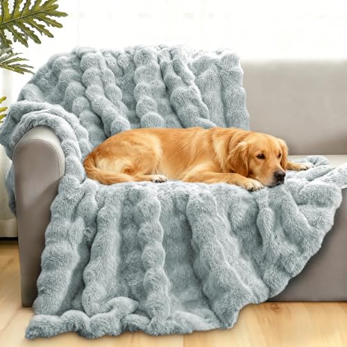 Waterproof Dog Blanket for Sofa Bed Couch, Couch Cover Blanket Fluffy Faux Rabbit Fur Reversible Furniture Protection, Pet Blanket for Medium Large Dogs Cats - color: Grey/Blue, size: L-50x60"