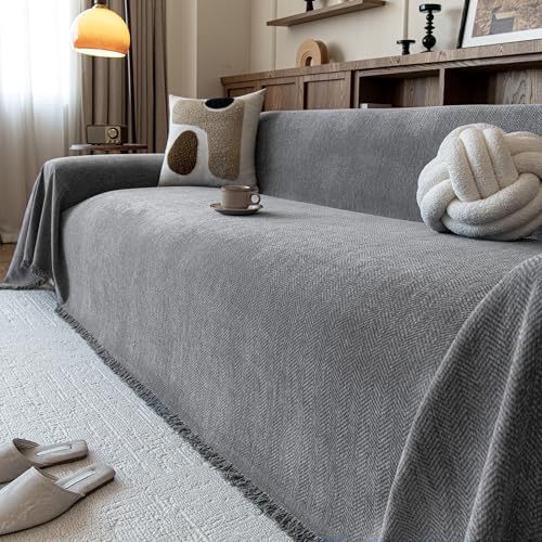 Couch Covers for Dogs 3 Cushion, Loveseat Slipcovers Washable, Pet L Shape Sectional Protector, Boho Sofa Blanket Cover, Herringbone Chenille, Grey, 71"x134" - color: Grey, size: 71" ×134