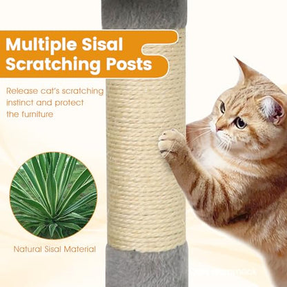 PETSITE 66 Inches Tall Cat Tree, Multi-Level Cat Tower with Sisal Scratching Posts, Side Basket, 2 Comfy Condos, Hammock, Soft Padded Top Perch, and Hanging Balls, Ideal for Indoor Cats (Grey) - color: Grey