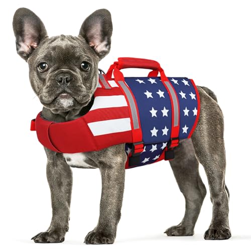 Queenmore Dog Life Jacket, Dog Life Vest for Swimming, Adjustable Reflective Pet Lifepreserver with Rescue Handle, High Buoyancy Puppy Life Vest for Boating, Cat Lifesaver (USAFlag, XS) - color: USAFlag, size: X-Small