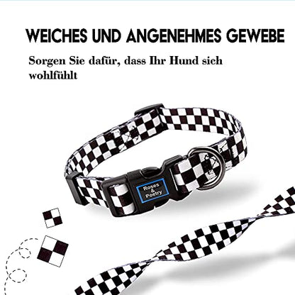 Roses&Poetry Dog Collar with Colourful Checkered Patterns, Adjustable Durable Puppy Collars for Small Medium Large Dogs (Black & White-S) - color: Checkered, size: S