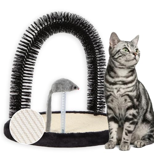 Happi N Pets Cat Self Groomer, Arch Grooming Brush wtih Heavy Duty Woven Sisal Pad, Rubbing Post & Catnip Toy, Cat Face Scratchers Body Massager, Cat Scratchers for Indoor Cats, Black - color: Smokey Gray, size: L for adult cats-Natural sisal covered