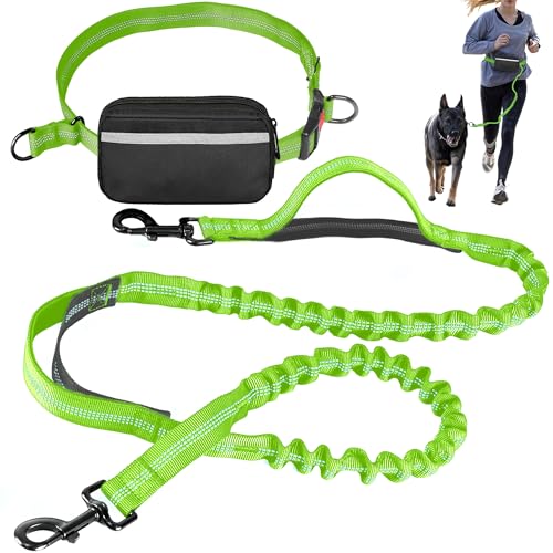 Hands Free Dog Leash with Waist Belt – No-Pull Bungee, Dual Padded Handles & Zipper Pouch for Running, Walking & Training – Adjustable Waist Leash for Large & Medium Dogs (Chartreuse) - color: Chartreuse