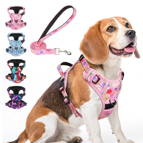 BEAUTYZOO No Pull Dog Harness and Leash Set with 2 Metal Leash Clips - Overhead-Free 3 Snap Buckles Design, Adjustable No-Choke Soft Padded Reflective Oxford Pet Vest for Small Medium Large Dogs, M - color: Pink Flower, size: M: chest 16"-28"