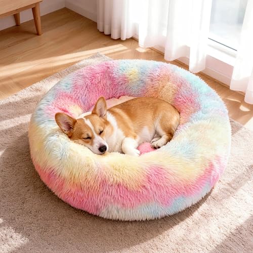 Donut Dog Bed Medium Size Dog, Round Cat Beds for Small Medium Dogs and Cats with Washable Fluffy Faux Fur, Cute Comfort Pet Bed with Anti-Slip Bottom, Rainbow, 30" - color: Rainbow, size: 30"L x 30"W x 8"Th