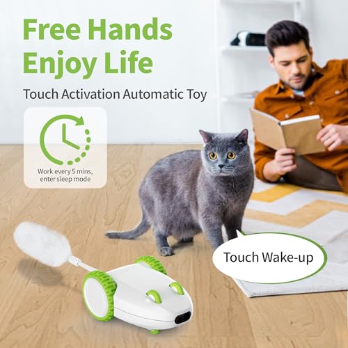 PETGEEK Automatic Cat Mouse Toys Interactive Cat Toys for Indoor Cats, Smart Sensing Moving Electric Cat Toys with Catnip Wand, USB Rechargeable Remote Control Squeaky Mouse Cat Toy, 3 Catnip Tails - color: Green