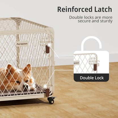 30 Inch Dog Crate with Lockable Wheel, Diamond Mesh Metal Dog Kennel Cage with Double Secure Latch & Leak-Proof Tray, Escape-Proof Dog Crates for Small Dogs Breeds, Dogs up to 70 lbs - size: 30.0"L x 19.0"W x 20.0"H