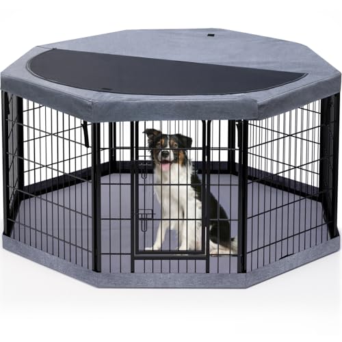 PETIME Dog Playpen,Metal Exercise Puppy Pen Heavy Duty Kennels Yard Fence Indoor/Outdoor 27" W x 32" H 8 Panels Dog Cage with Octagon Top Cover and Bottom Pad - size: 32"H, style: Playpen+Octagon Top+Bottom