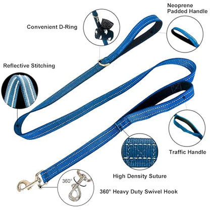 Dual Padded Handle Standard Dog Leashes with Reflective Stitching,360° Rotatable Heavy Duty Metal Buckle,D-Ring,Durable Nylon,for Medium Sized Dogs from 20 to 60 Pounds Walking and Training Blue 5Ft - color: Blue, size: 5Ft
