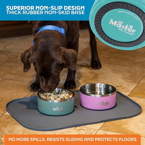 Master Pet Supply Stainless Steel Dog Bowls - 32 oz, Heavy Duty - Aqua Sky, Double Wall Extra-Thick Insulated, Non-Slip Pet Water Bowl for Dogs, Cats & Pets, Anti Rust Metal, Dish Washer Safe - color: Aqua Sky, size: 4 Cups (32 oz)