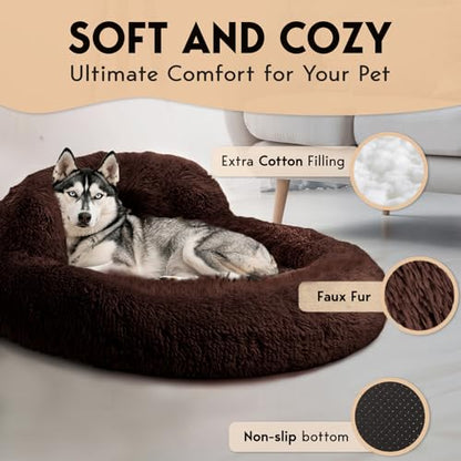 PetJett Dog Beds Large Sized Dog - 36'' Calming Round Bed, Anti-Slip & Washable Super Soft Donut Bed, Fluffy Faux Fur Anti-Anxiety Premium Comfort Pet Bed, Fits Dogs up to 80 lbs - Brown - color: Brown, size: Large - 36”L x 36”W x 8”Th