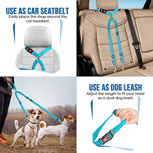 Lukovee Double Dog Seat Belt, New Dual Pet Car Headrest Restraint Safety Seatbelt No Tangle Dog Leash Duty Adjust Elastic Bungee Puppy Lead Splitter Connect Harness in Vehicle Travel for 2 Dogs (TBL) - color: Light Blue