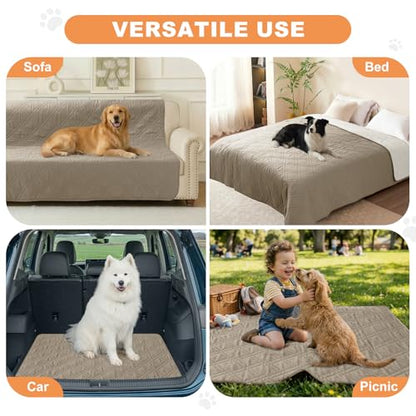 100% Waterproof Dog Bed Cover Pet Blanket 68"x82", 7-Layer Reversible Washable Bed Mat for Furniture Couch Sofa Car (Khaki+Off White)