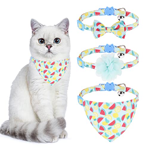 Breakaway Cat Collars with Bell & Cute Pendants - 3 Pack Adjustable Safety Kitten Collars - Decoration for Girl Boy Cats Puppy and Small Pets (Style C - Watermelon) - color: Style C - Watermelon